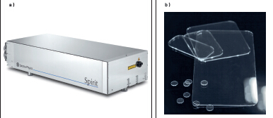 圖1：Spirit 1040-IMC 激光器（a）具備高重復(fù)率的工業(yè)飛秒激光器，平均功率高達(dá)16瓦，是進(jìn)行 ClearShape加工（b）的理想之選。