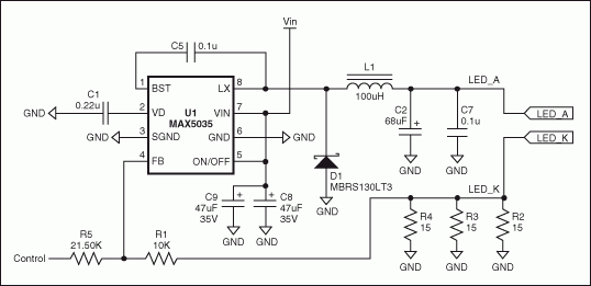 基于固定頻率、高集成度PWM開關(guān)轉(zhuǎn)換器MAX5035的高亮度LED電源原理圖